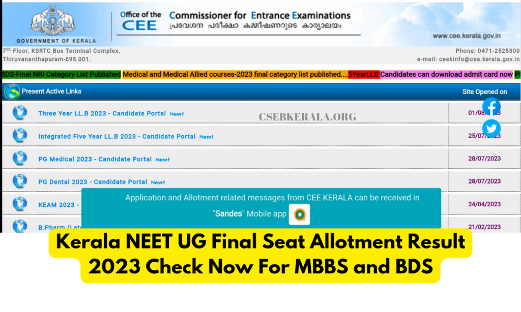 Kerala NEET UG Final Seat Allotment Result 2023