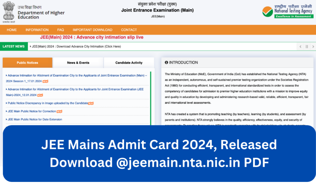 JEE Mains Admit Card 2024, Released Download @jeemain.nta.nic.in PDF