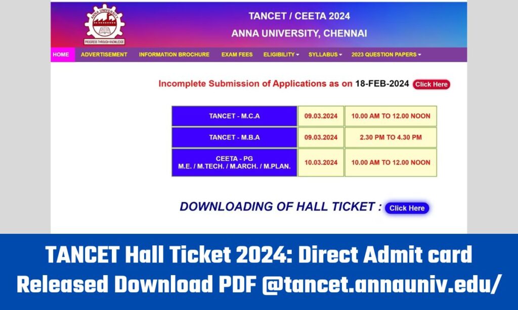 TANCET Hall Ticket 2024: Direct Admit card Released Download PDF @tancet.annauniv.edu/