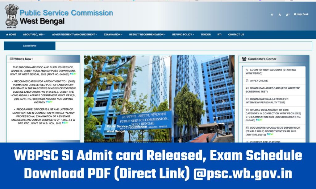 WBPSC SI Admit card 2024 Released, Exam Schedule Download PDF (Direct Link) @psc.wb.gov.in