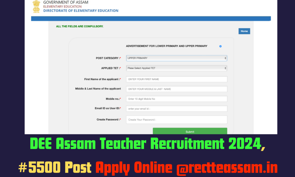 DEE Assam Teacher Recruitment 2024, #5500 Post , Eligibility, Last date Apply Online @rectteassam.in